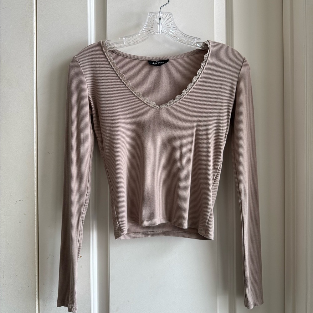 Self Esteem Taupe Ribbed Lace-Trim V-Neck Long Sleeve Top